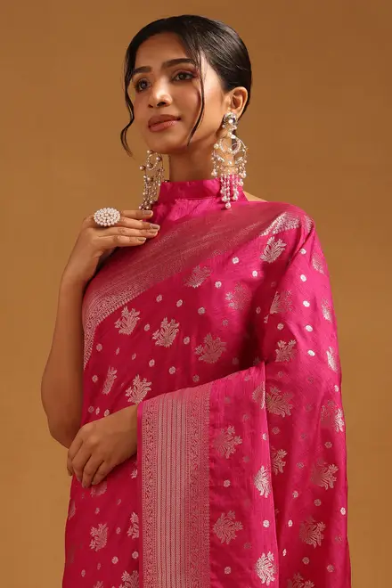 Fuchsia Viscose Silk Floral Zari Woven Saree